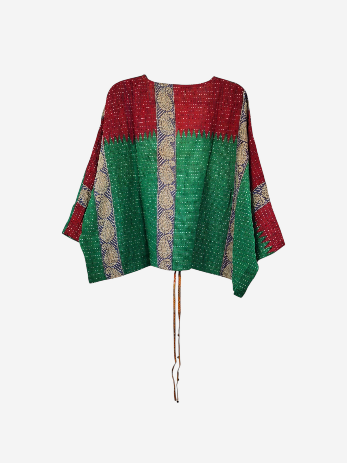 She Lives Beauty Sunrise Hana butterfly top in vibrant red and green vintage kantha cotton with paisley accents.