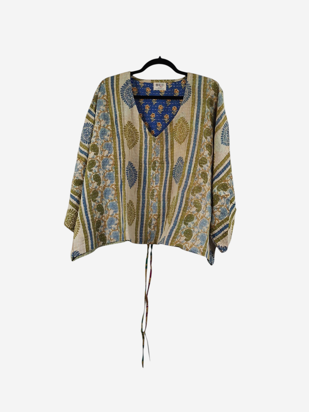 She Lives Beauty Sunrise Hana butterfly top in vintage kantha cotton with blue and green floral patchwork patterns.