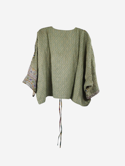 She Lives Beauty Sunrise Hana butterfly top in sage green wavy print vintage cotton with kantha stitching