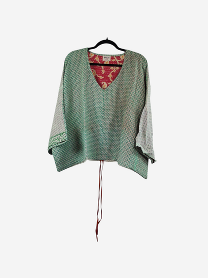 She Lives Beauty Sunrise Hana butterfly top in green and red vintage kantha cotton with a relaxed, flowing silhouette.