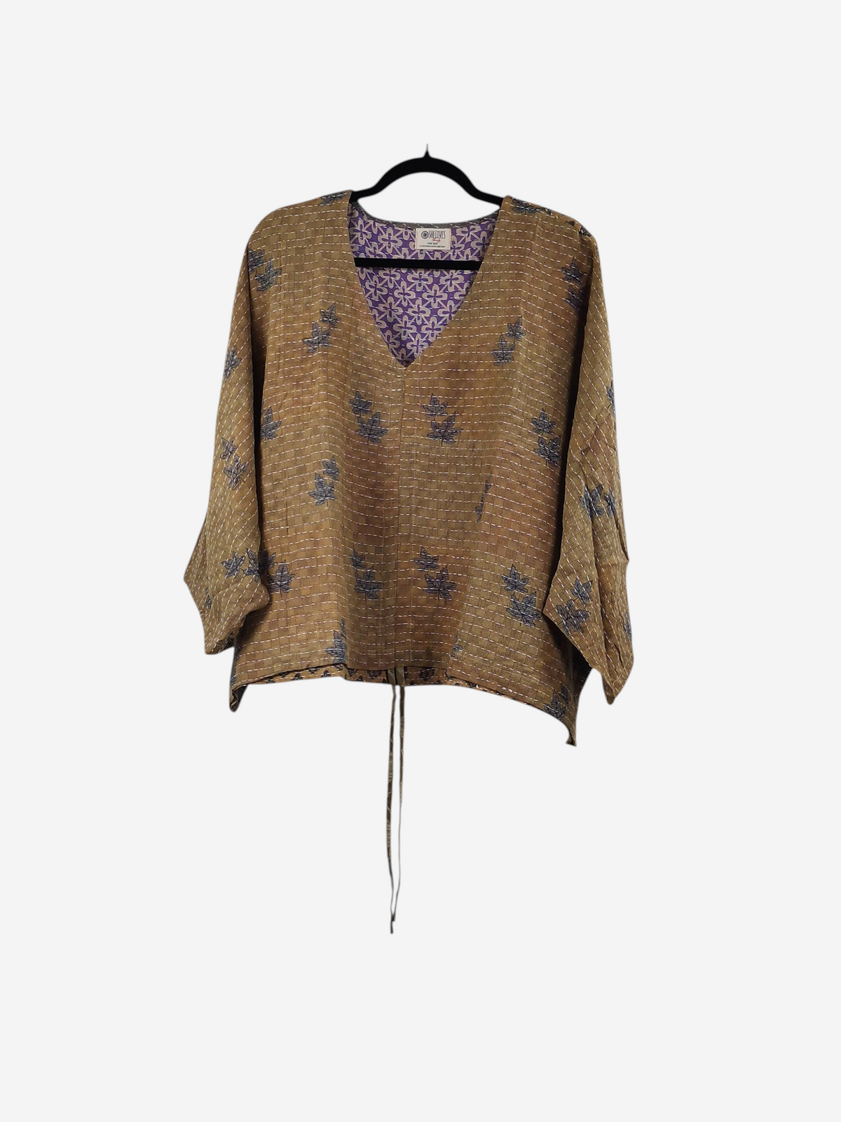 She Lives Beauty Sunrise Hana butterfly top in tan vintage cotton with purple floral kantha stitching and V-neckline.