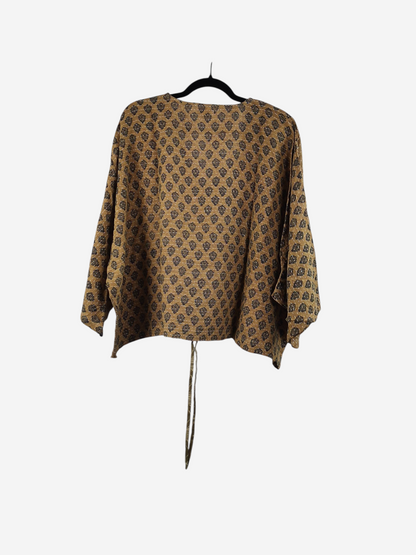 She Lives Beauty Sunrise Hana butterfly top in tan cotton with dark floral print and relaxed flowing silhouette