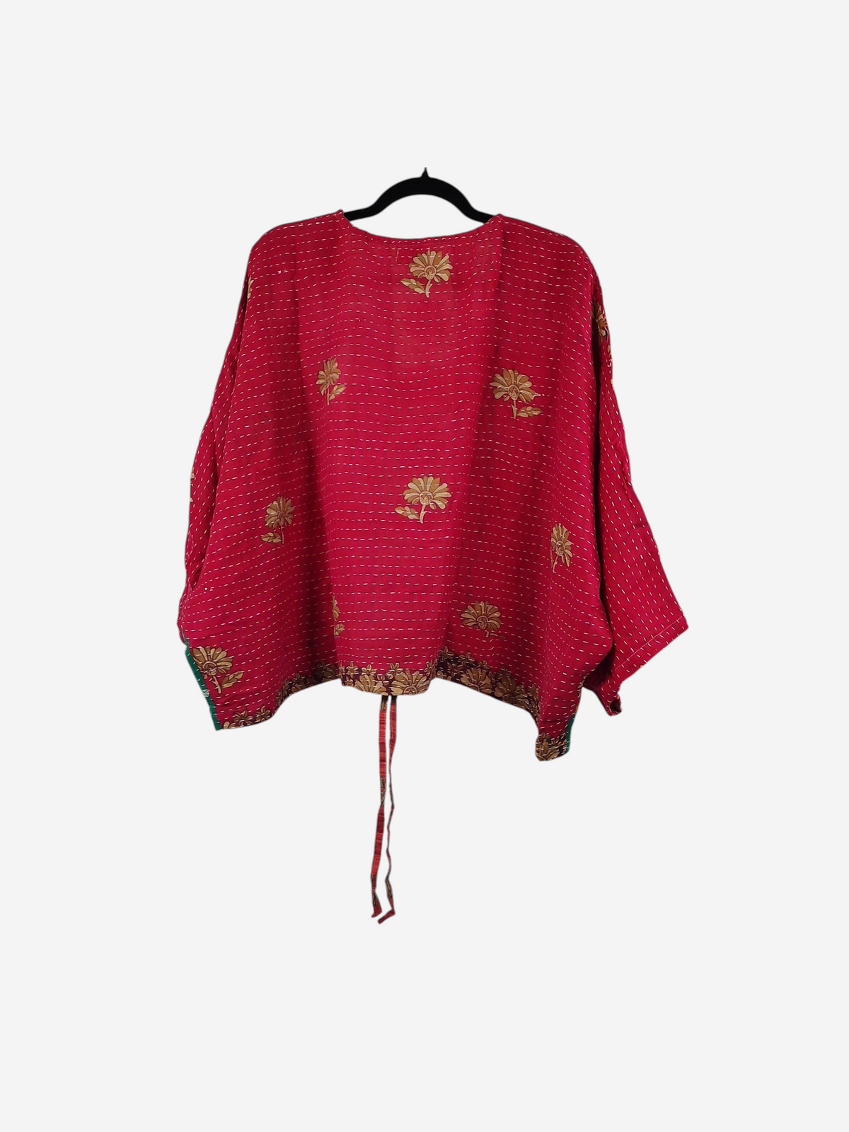 She Lives Beauty Sunrise Hana butterfly top in red vintage kantha cotton with gold floral embroidery and tie detail