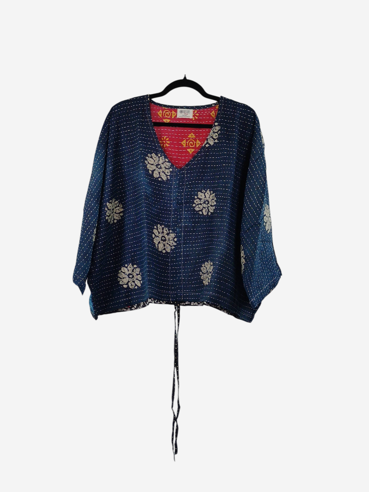 She Lives Beauty Sunrise Hana butterfly top in navy blue vintage kantha cotton with floral patterns and tie front.
