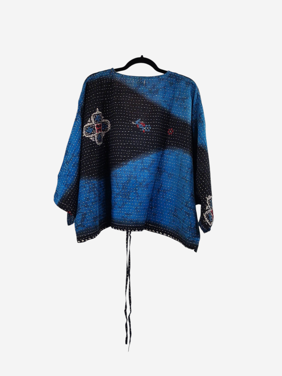 She Lives Beauty Sunrise Hana butterfly top in blue and black vintage kantha cotton with hand-stitched details.