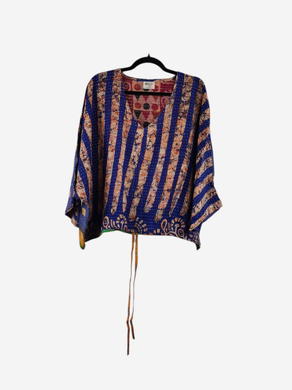 She Lives Beauty Sunrise Hana butterfly top in blue and orange vintage kantha cotton with a relaxed v-neck fit.