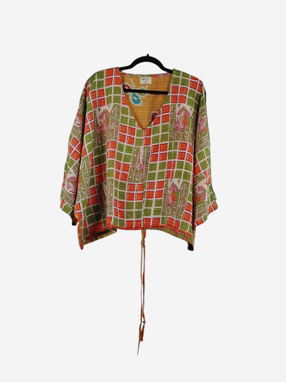 She Lives Beauty Sunrise Hana butterfly top in vintage cotton with green and orange grid print and kantha stitching.