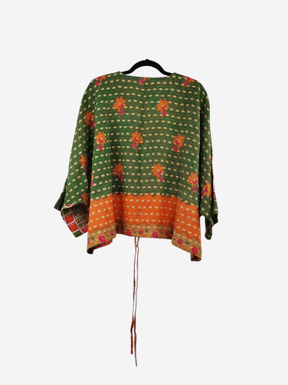 She Lives Beauty Sunrise Hana butterfly top in green vintage cotton with orange floral kantha stitching and tie waist