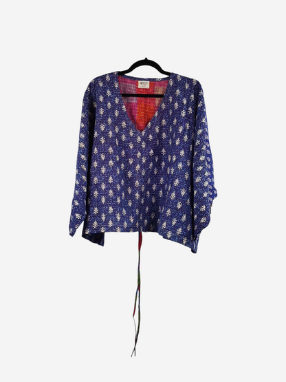 She Lives Beauty Sunrise Hana butterfly top in blue vintage cotton with kantha stitching and a v-neckline