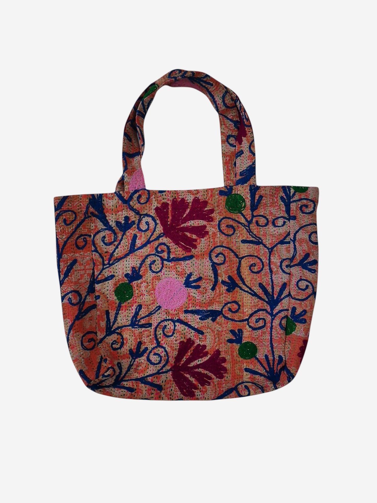 She Lives Beauty vintage Kantha and Suzani cotton tote bag with colorful floral embroidery and patchwork design