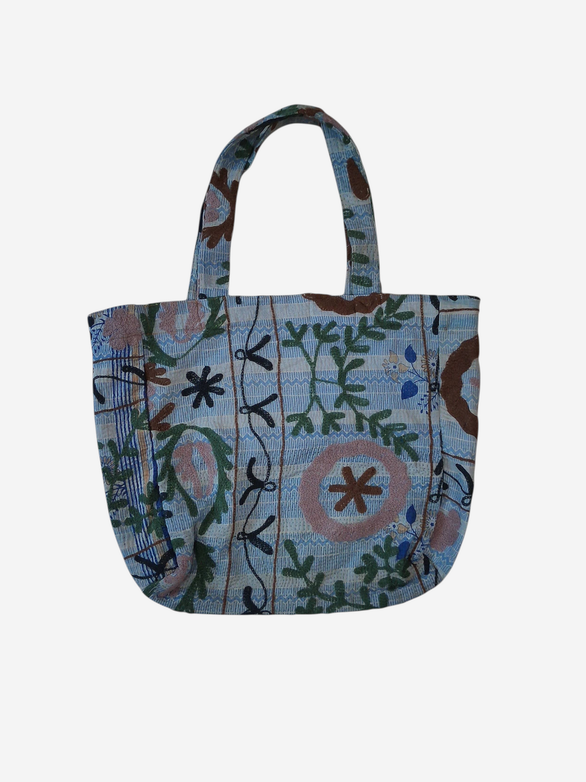 She Lives Beauty bohemian tote bag made from vintage blue Kantha and Suzani embroidered cotton patchwork fabric