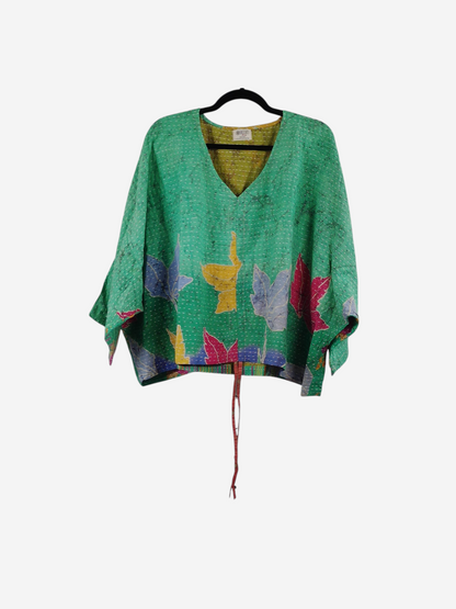 She Lives Beauty Sunrise Hana butterfly top in green vintage kantha cotton with colorful floral and leaf patterns.