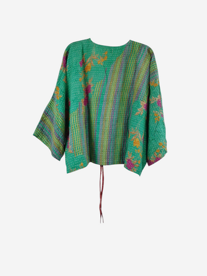 She Lives Beauty Sunrise Hana butterfly top in green vintage kantha cotton with floral patterns and hand-stitched detail