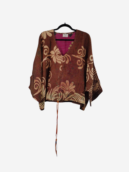 She Lives Beauty Sunrise Hana butterfly top in brown vintage cotton with floral kantha stitching and pink lining.