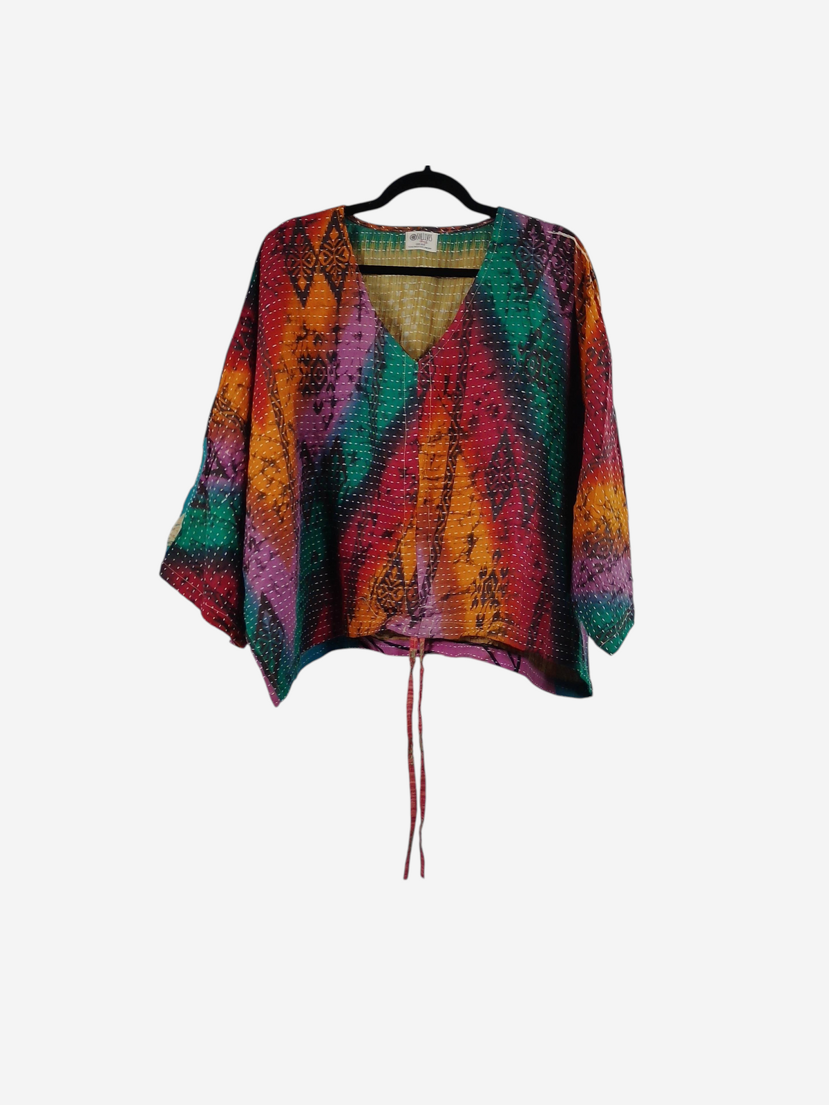 She Lives Beauty Sunrise Hana butterfly top in vibrant multicolored vintage kantha stitched cotton with a tie front.