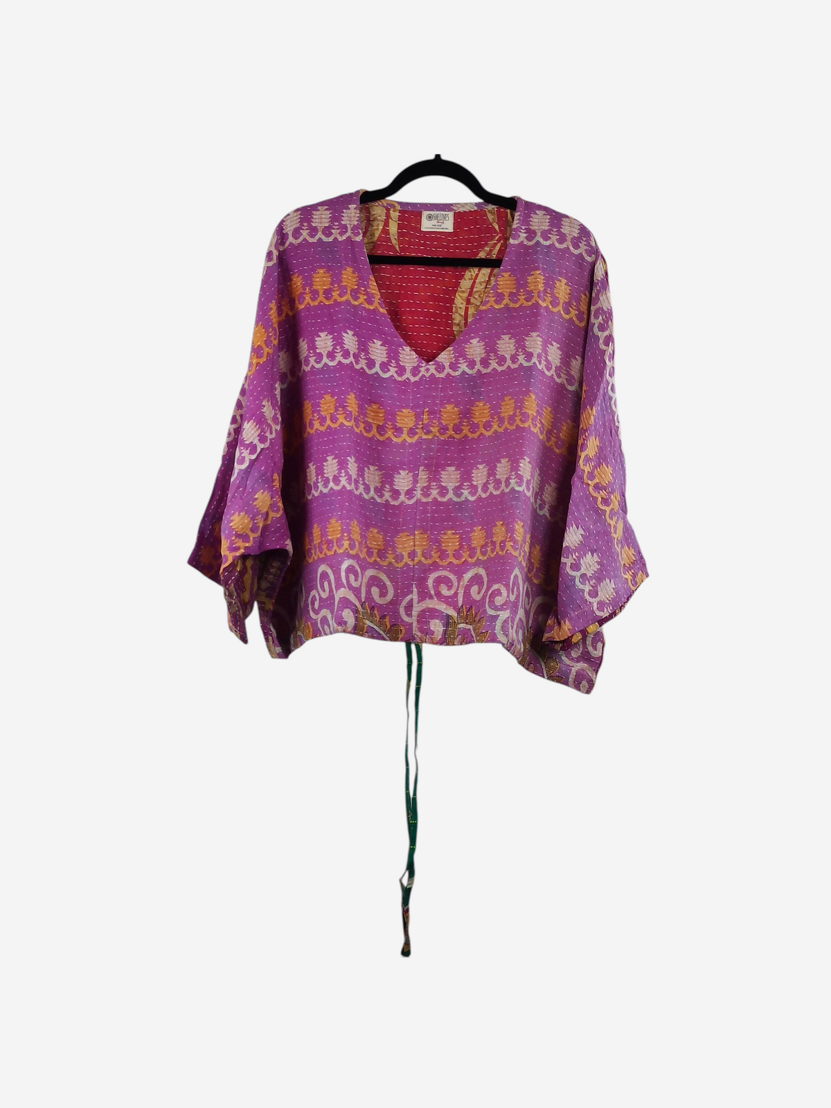 She Lives Beauty Sunrise Hana butterfly top in vibrant purple and orange vintage kantha stitched cotton.