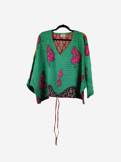 She Lives Beauty Sunrise Hana butterfly top in green vintage kantha cotton with pink floral patterns and tie waist.