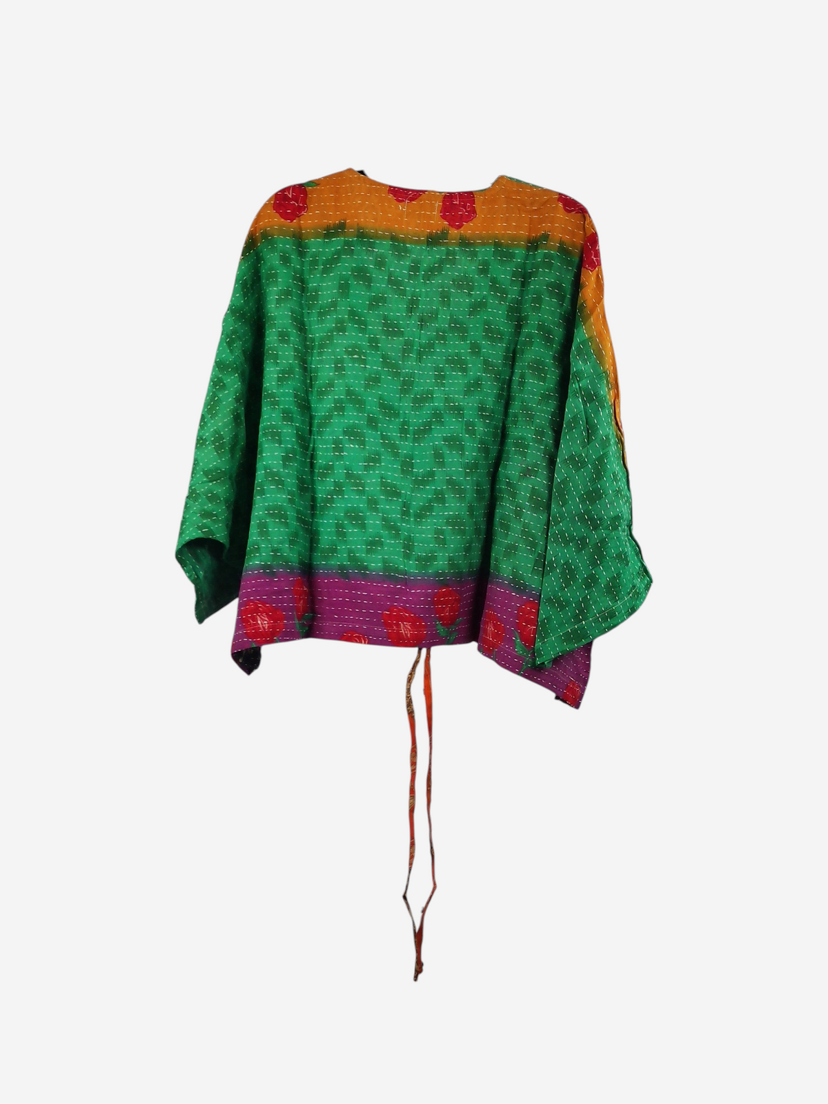She Lives Beauty Sunrise Hana butterfly top in green and orange vintage kantha cotton with floral patterns.