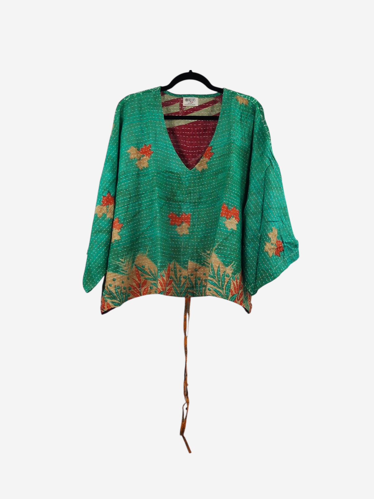 She Lives Beauty Sunrise Hana butterfly top in green vintage kantha cotton with floral patterns and v-neckline.