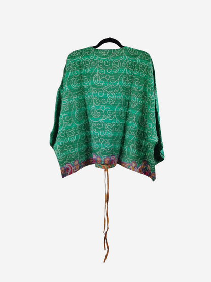 She Lives Beauty Sunrise Hana butterfly top in green vintage kantha cotton with intricate white patterns and tie detail