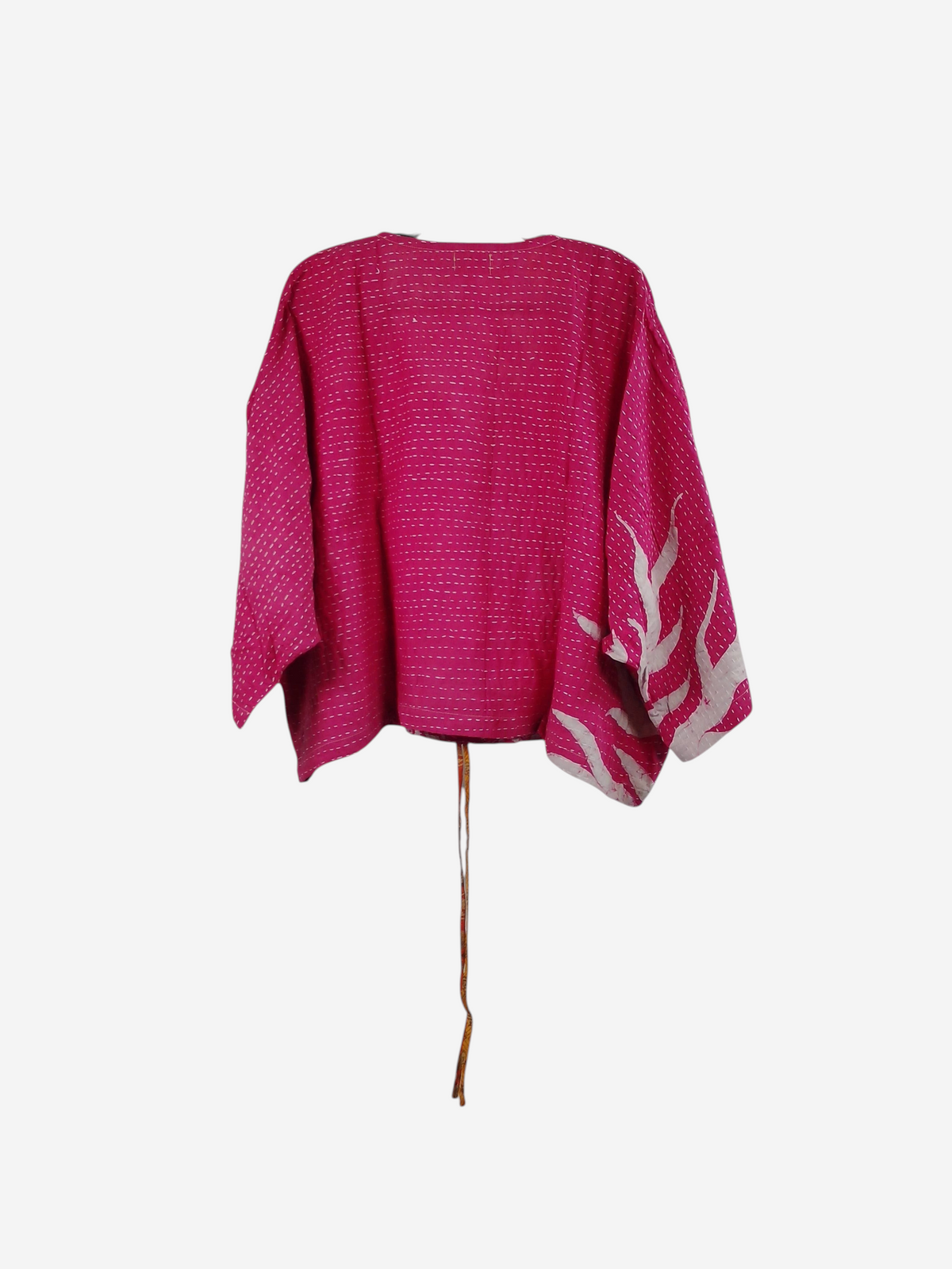 She Lives Beauty Sunrise Hana butterfly top in vibrant pink vintage kantha cotton with white hand-stitched detailing.