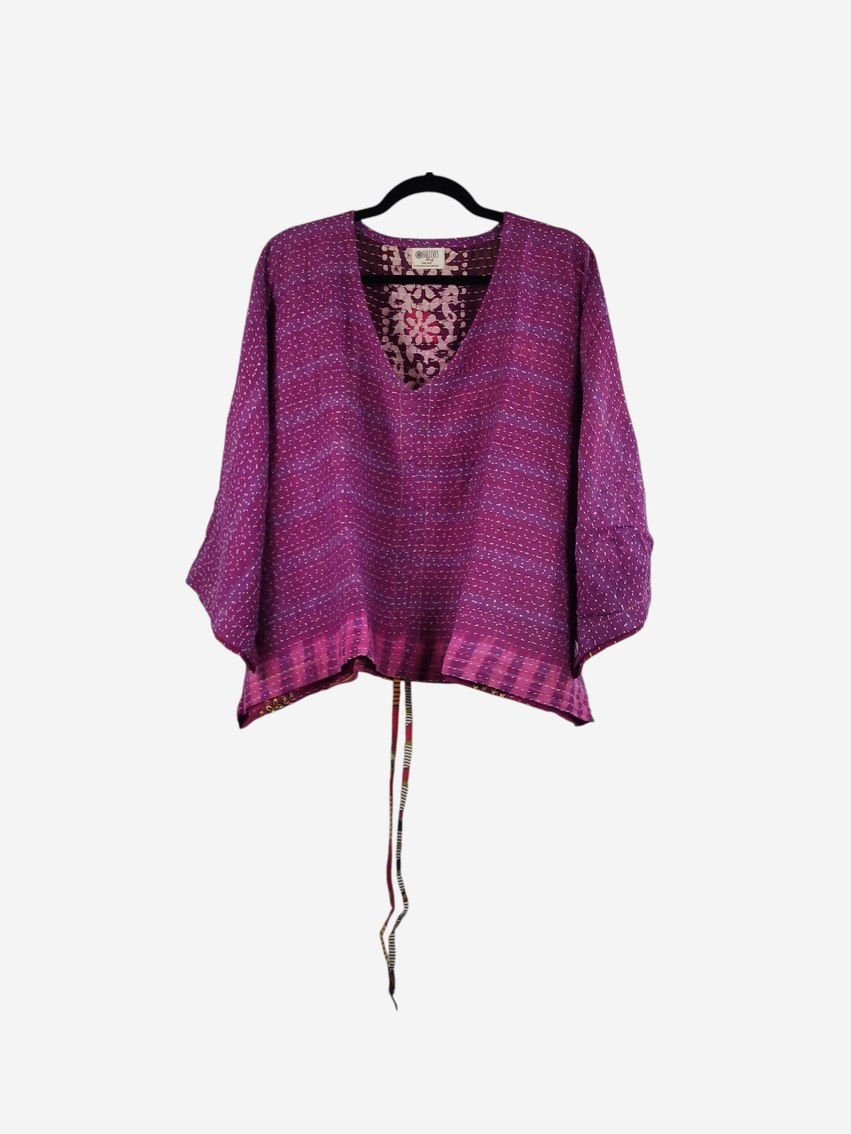 She Lives Beauty Sunrise Hana butterfly top in purple vintage kantha cotton with hand-stitched details and V-neck.