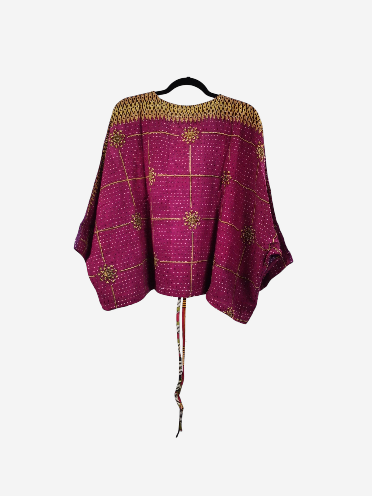 She Lives Beauty Sunrise Hana butterfly top in magenta vintage cotton with gold kantha stitching and floral patterns