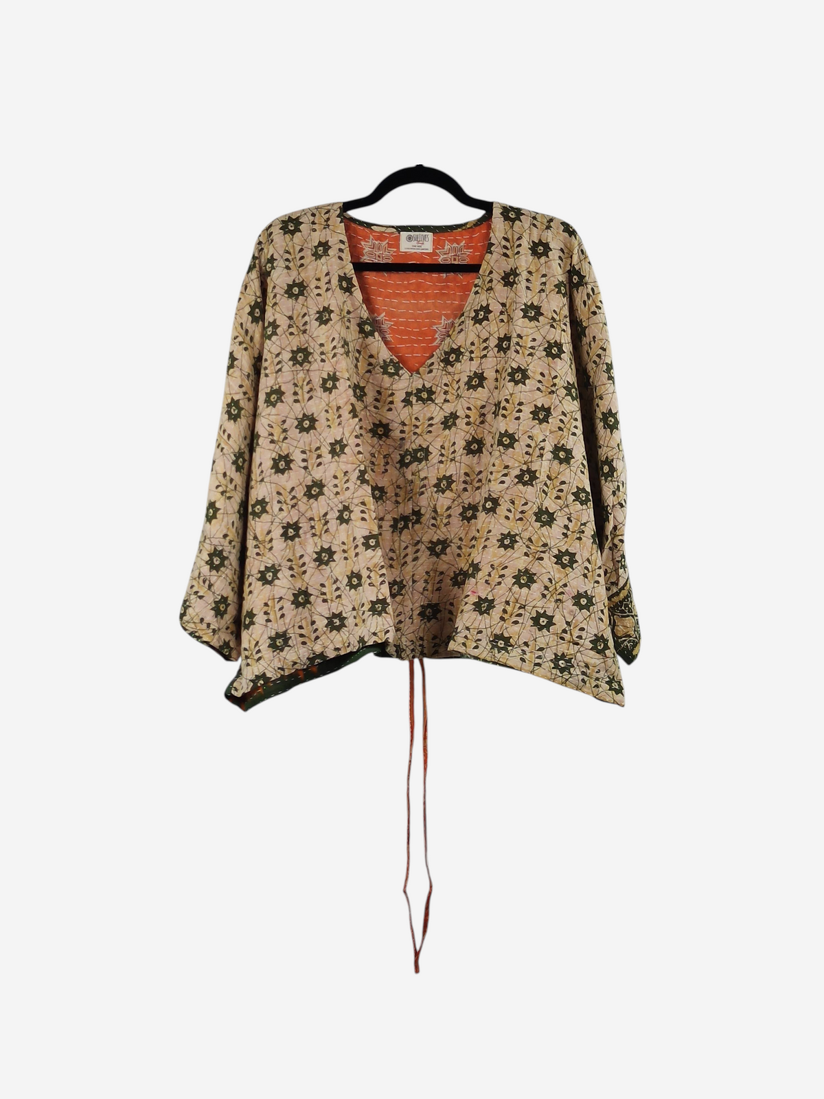 She Lives Beauty Sunrise Hana butterfly top in vintage cotton with floral kantha stitching and a relaxed silhouette.
