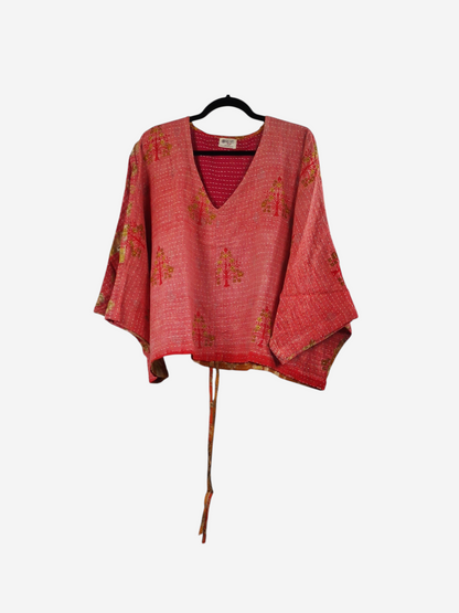 She Lives Beauty Sunrise Hana butterfly top in coral vintage kantha cotton with gold tree prints and tie waist