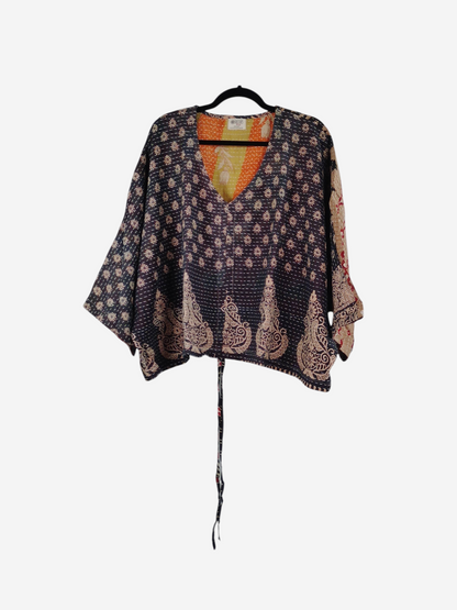 She Lives Beauty Sunrise Hana butterfly top in vintage kantha cotton with dark floral patterns and orange accents.