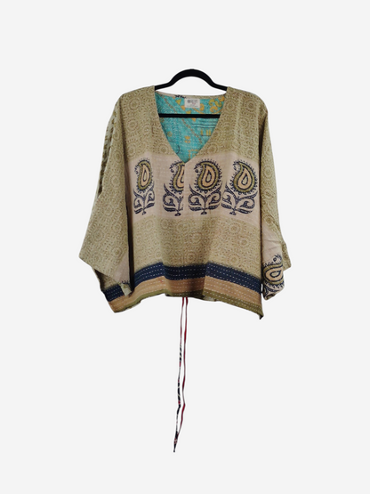 She Lives Beauty Sunrise Hana butterfly top in vintage cotton with paisley prints and kantha stitching on a hanger.