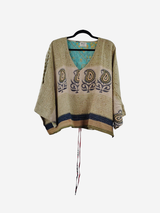 She Lives Beauty Sunrise Hana butterfly top in vintage cotton with paisley prints and kantha stitching on a hanger.