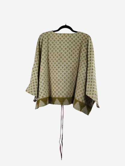 She Lives Beauty Sunrise Hana butterfly top in beige vintage cotton with green floral kantha stitching and loose sleeves.