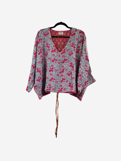 She Lives Beauty Sunrise Hana butterfly top in vintage floral kantha cotton with a relaxed fit and v-neckline.