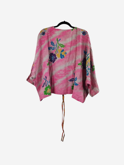 She Lives Beauty Sunrise Hana butterfly top in pink vintage kantha cotton with floral patterns and flowing sleeves