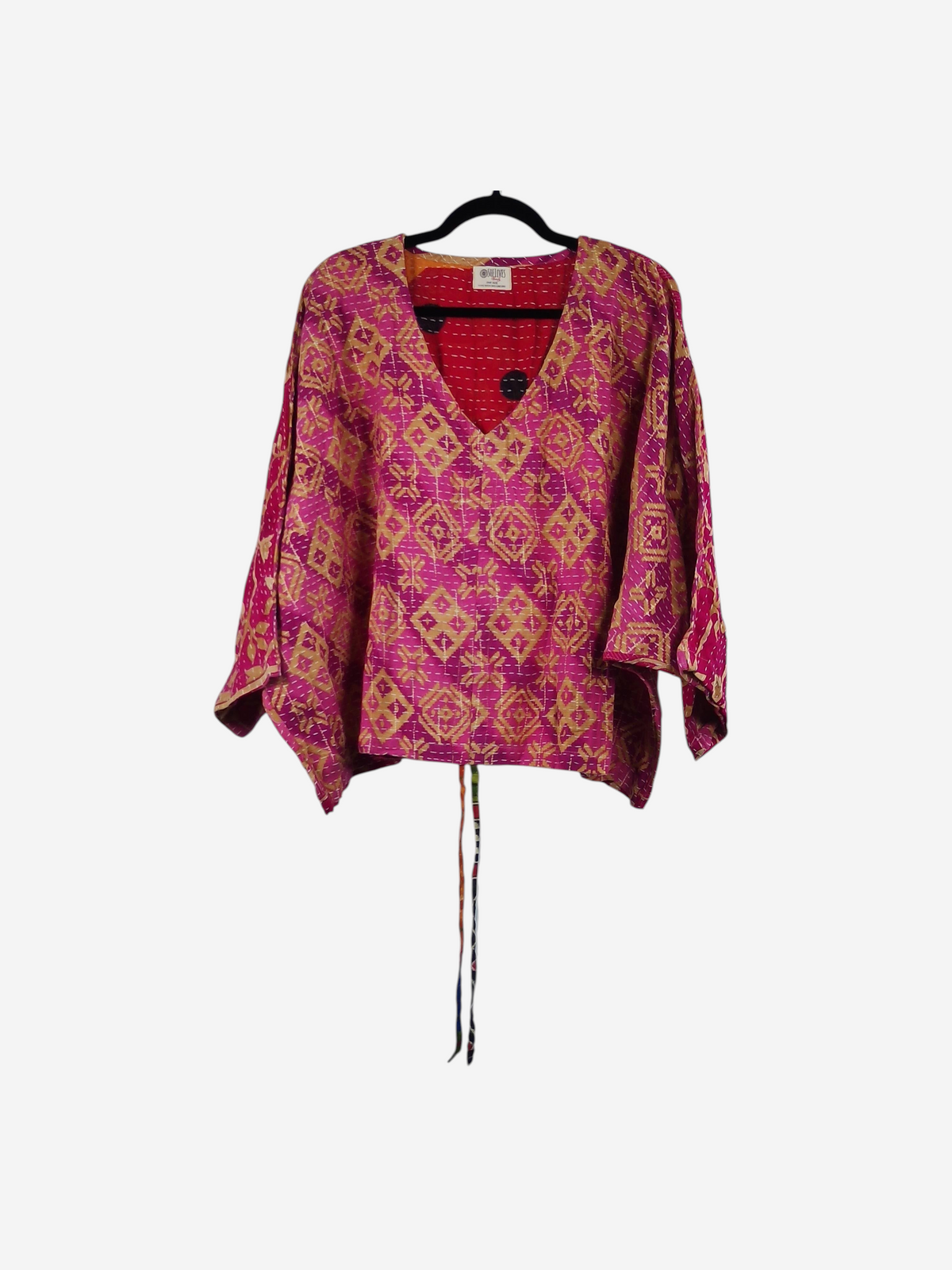 She Lives Beauty Sunrise Hana butterfly top in pink and gold vintage kantha cotton with a relaxed, flowing fit.