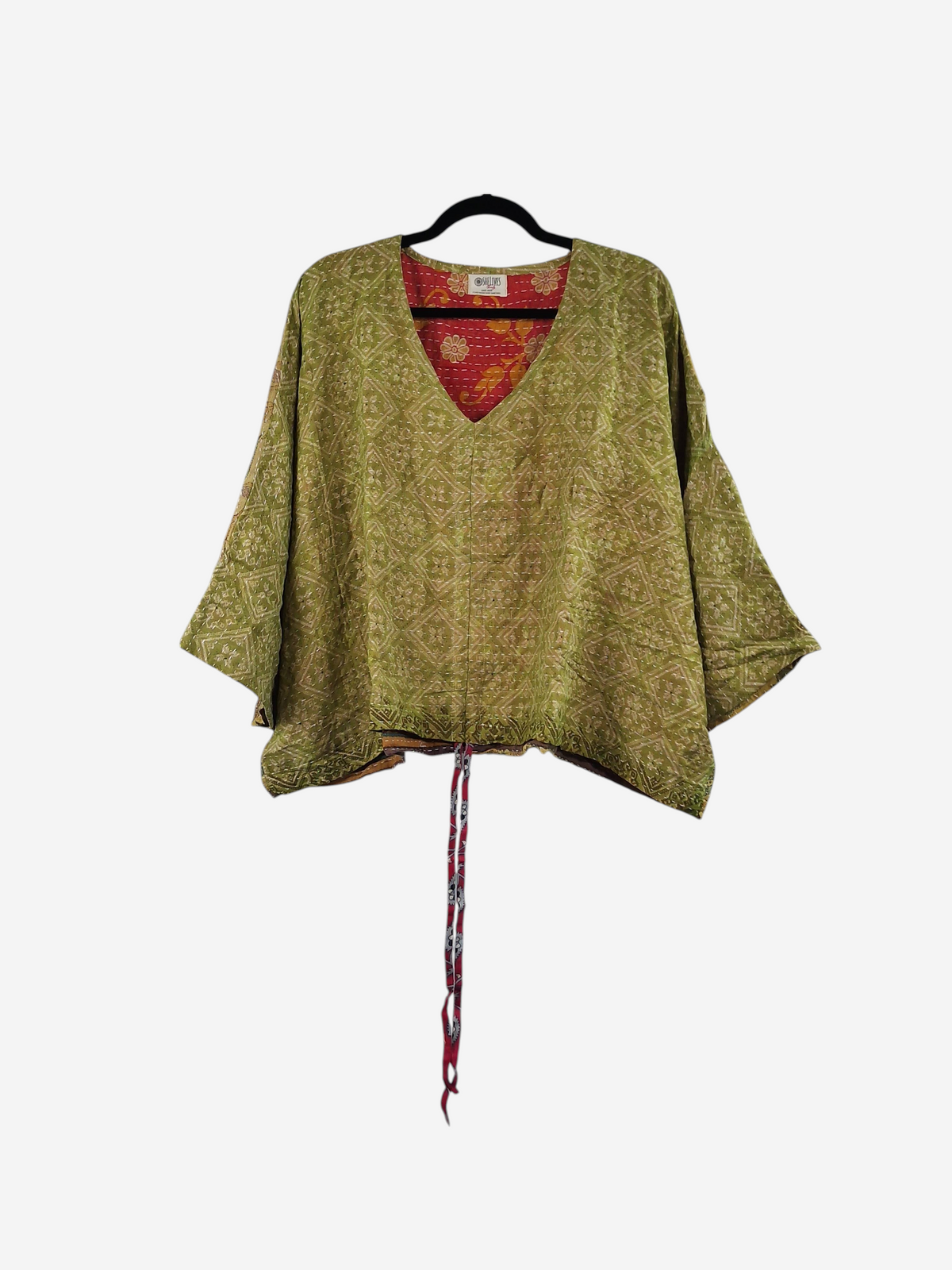 She Lives Beauty Sunrise Hana butterfly top in olive green vintage kantha cotton with red floral interior lining