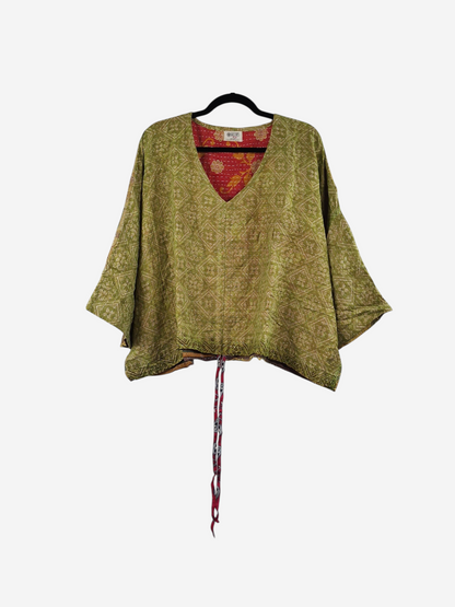 She Lives Beauty Sunrise Hana butterfly top in olive green vintage kantha cotton with red floral interior lining