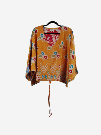 She Lives Beauty Sunrise Hana butterfly top in yellow vintage kantha cotton with vibrant floral and geometric prints.