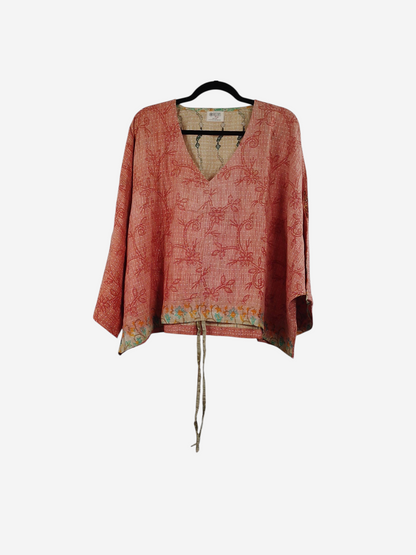 She Lives Beauty Sunrise Hana butterfly top in coral vintage kantha cotton with floral embroidery and tie-waist detail.