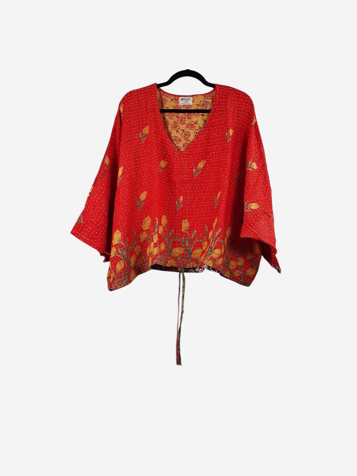 She Lives Beauty Sunrise Hana butterfly top in red vintage kantha cotton with yellow floral print and v-neckline