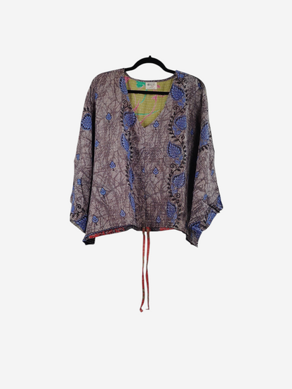 She Lives Beauty Sunrise Hana butterfly top in vintage cotton with purple and blue floral kantha stitching.