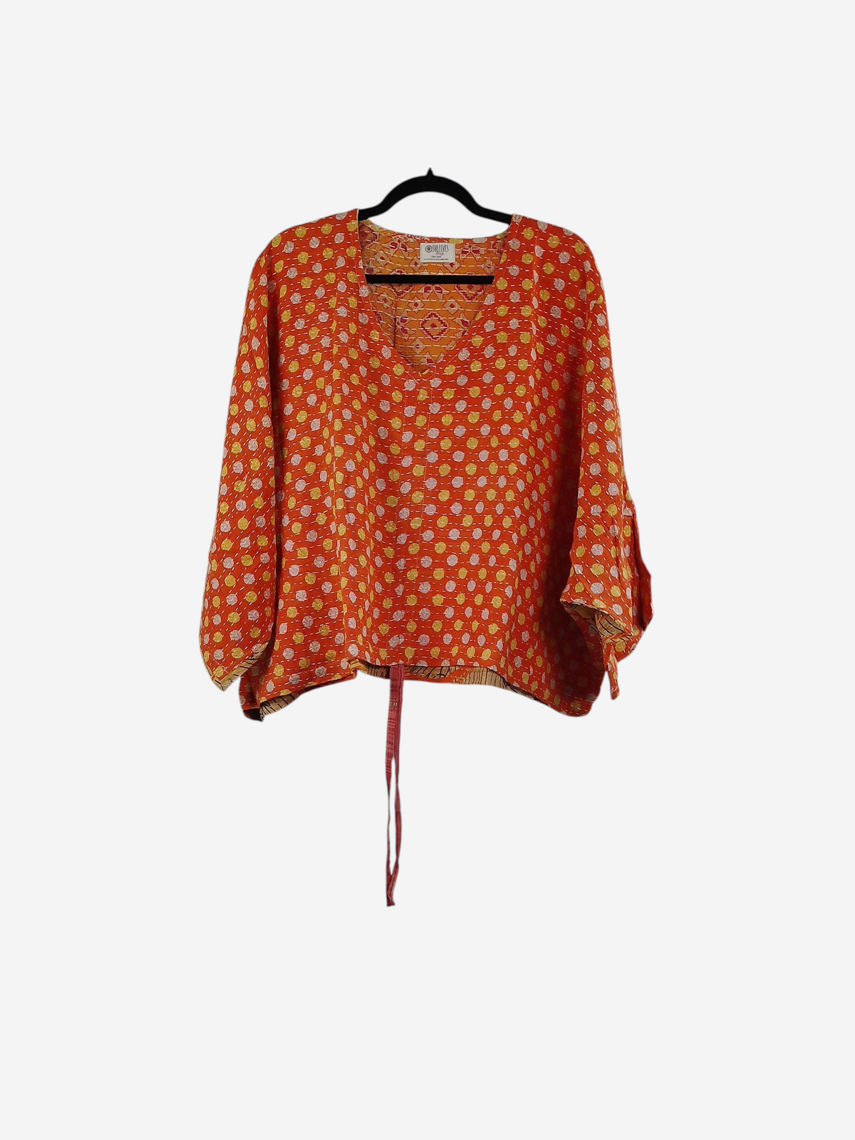 She Lives Beauty Sunrise Hana butterfly top in orange vintage cotton with kantha stitching and a relaxed fit.