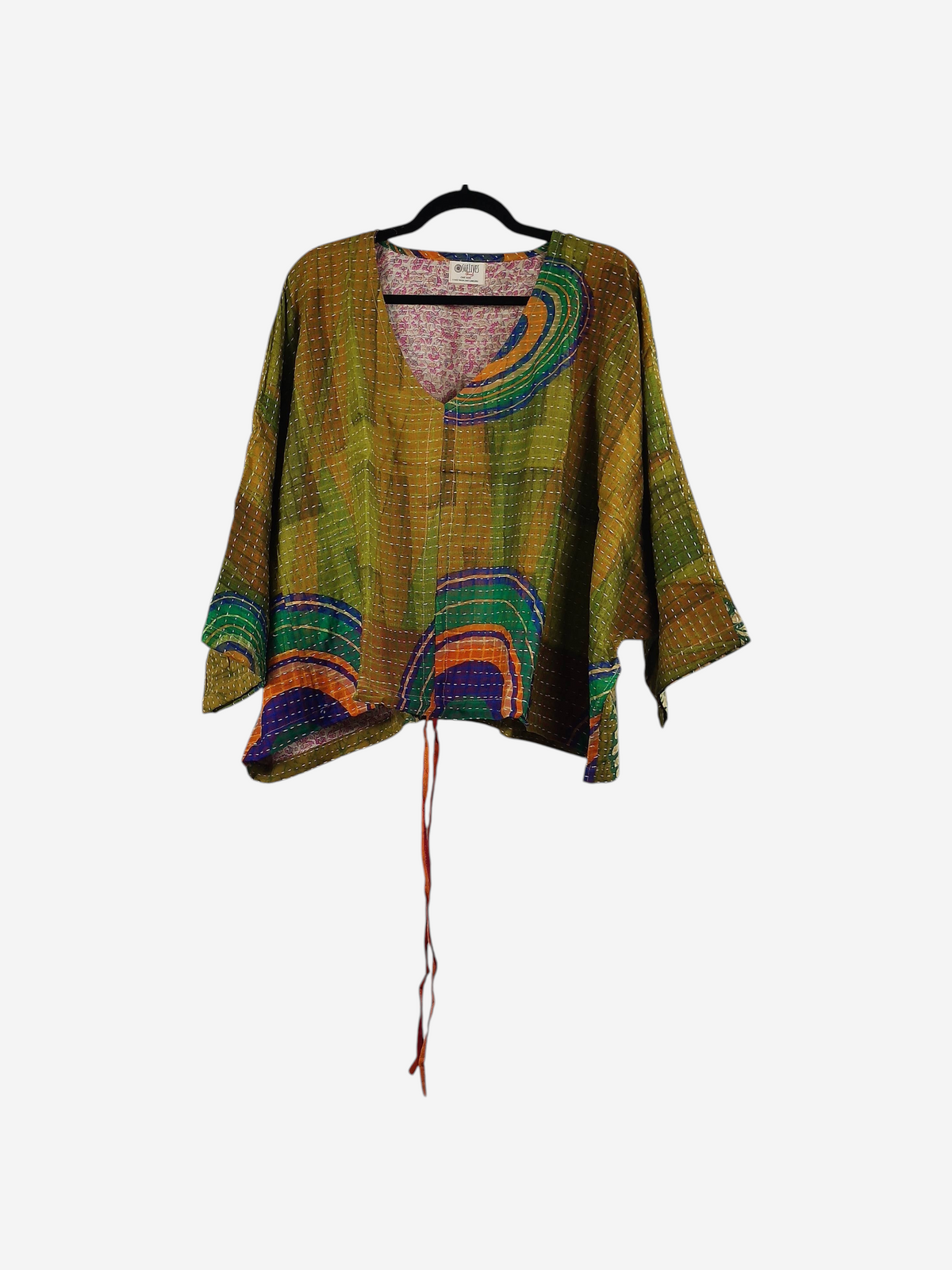She Lives Beauty Sunrise Hana butterfly top in vintage green cotton with vibrant kantha stitching and drawstring hem