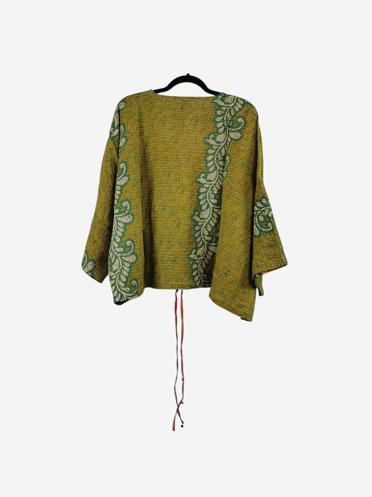She Lives Beauty Sunrise Hana butterfly top in yellow vintage kantha cotton with green floral print and hand stitching.