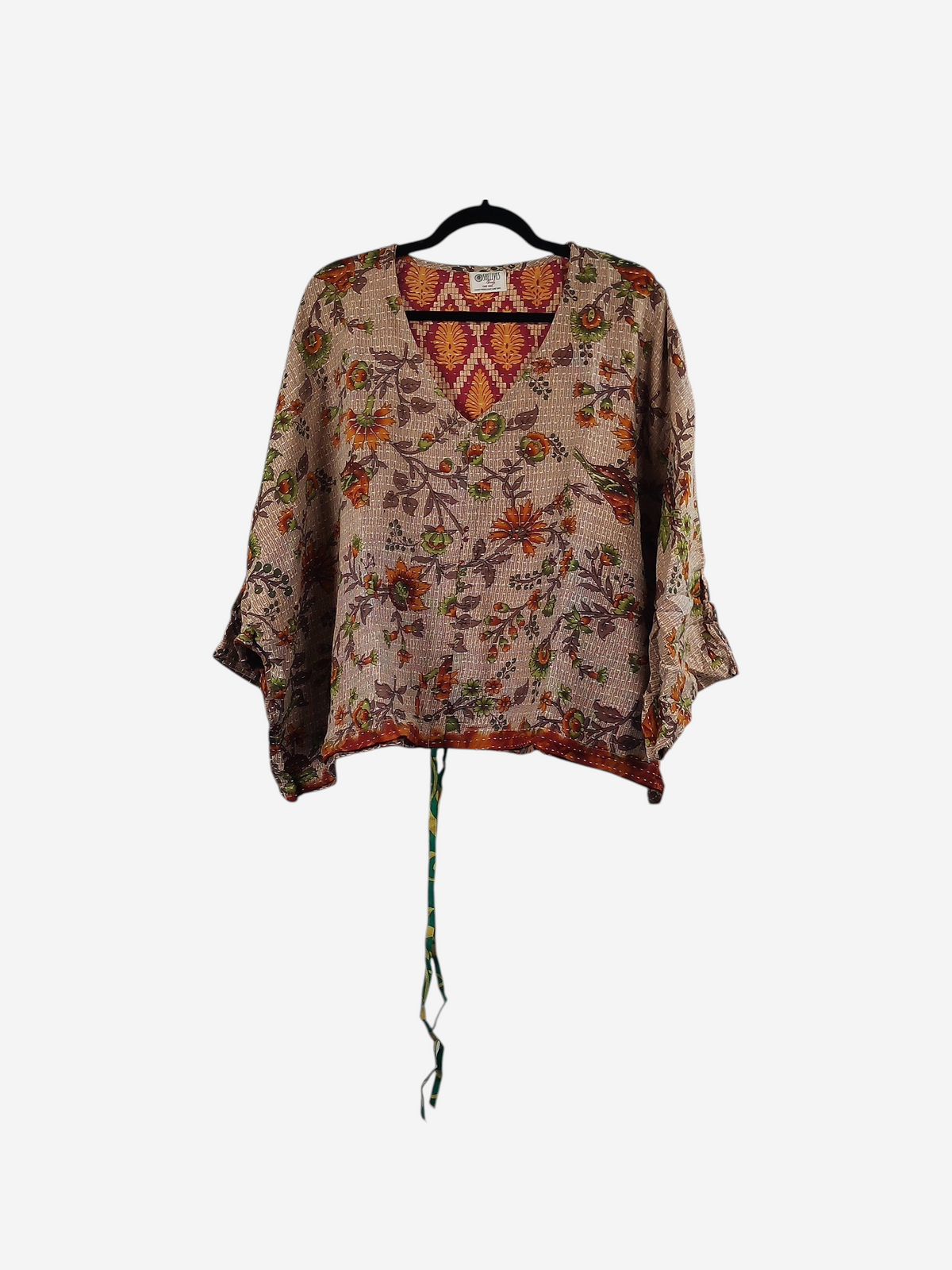 She Lives Beauty Sunrise Hana butterfly top in vintage kantha cotton with floral patterns and hand-stitched details.