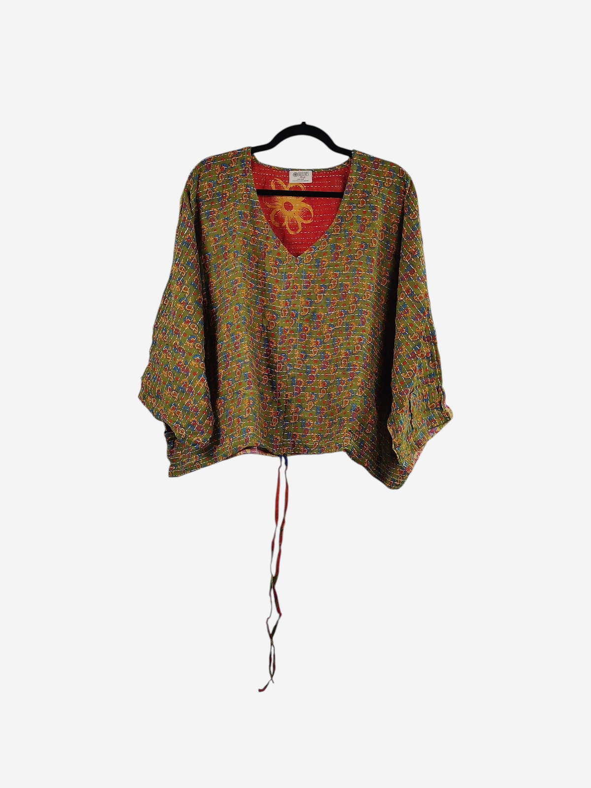 She Lives Beauty Sunrise Hana butterfly top in vintage kantha cotton with vibrant patchwork and hand-stitched details.