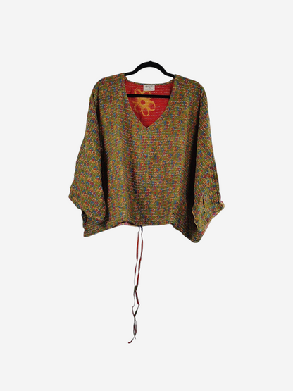 She Lives Beauty Sunrise Hana butterfly top in vintage kantha cotton with vibrant patchwork and hand-stitched details.
