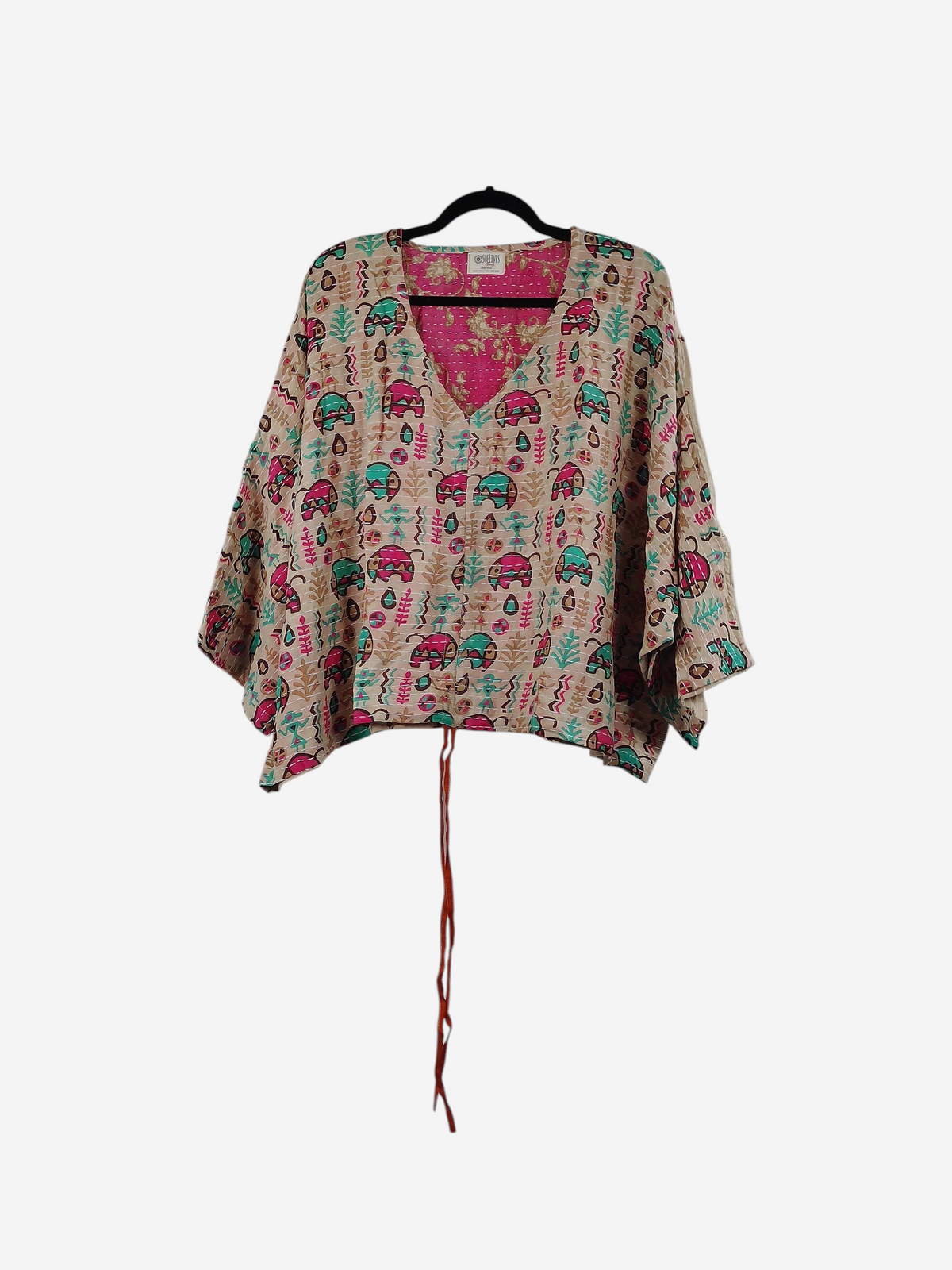 She Lives Beauty Sunrise Hana butterfly top in vintage cotton with pink and teal elephant print and kantha stitching