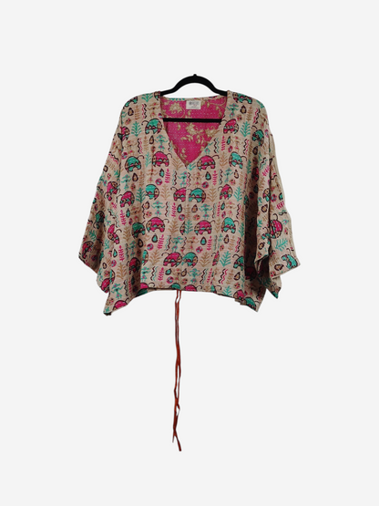 She Lives Beauty Sunrise Hana butterfly top in vintage cotton with pink and teal elephant print and kantha stitching
